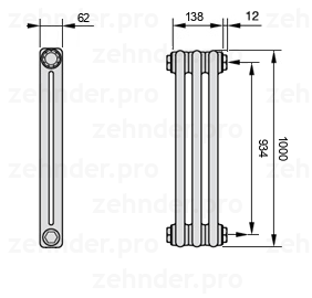Схема (чертеж) Радиатор Zehnder Charleston 2100/3 №7610 Белый глянцевый RAL 9016